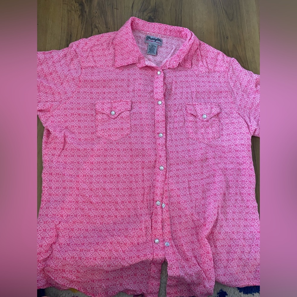 Wrancher by Wrangler Pink & White Design Pearl Snap Buttons S/S Shirt Size Xl